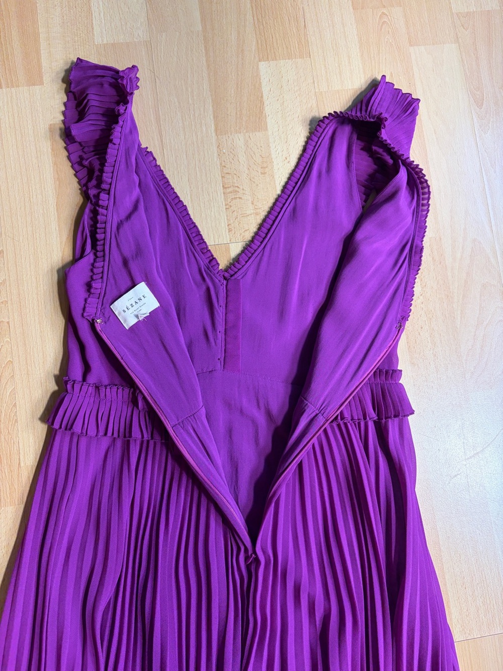 Sezane Rachelle Midi Dress Violet Magenta Accordion Pleated V-Neck Ruffle - Picture 11 of 13